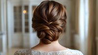 Elegant low bun hairstyle with twisted sections shown from behind on brunette woman wearing white lace dress, soft focus wedding hair styling.