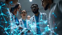 Medical professionals analyzing digital health data with futuristic holographic interface displaying molecular structure and diagnostic information in modern hospital setting.