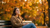 Young Caucasian woman reading book on park bench during golden autumn day with falling leaves creating peaceful outdoor study moment.