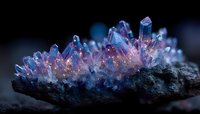 Glowing purple and blue crystal formation on dark rock, showcasing natural mineral growth with translucent prismatic structures against black background.