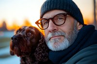 Senior Caucasian man with gray beard wearing glasses and knit beanie embraces brown spaniel dog outdoors during golden sunset, expressing companionship and joy.