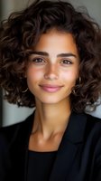 Young mixed-race businesswoman with curly hair smiling confidently in professional black blazer for corporate headshot and career success concepts.