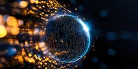 Glowing sphere emitting digital particles with golden light effects against dark background, futuristic technology concept with streaming data visualization.