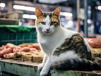 Calico cat sitting on market counter with fresh produce in background, natural lighting creates atmospheric scene at local farmers market or grocery store.
