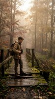 Young man in brown jacket standing on wooden bridge in misty autumn forest with fallen leaves and bare trees, suitable for travel, nature, and lifestyle editorial use.