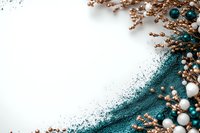 Festive teal and copper Christmas decorations with glitter, baubles and ornate branches scattered on white background for holiday design projects.