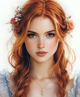 Young woman with copper red hair in braids adorned with peach roses, green eyes, and freckles wearing vintage style dress and delicate necklace against light background.