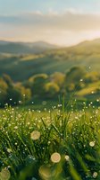 Fresh morning dew drops sparkle on grass blades against rolling green hills landscape at sunrise, creating magical bokeh effect in foreground meadow.