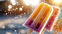 Refreshing layered popsicle with orange and purple fruit flavors against sunlit bokeh background with sparkles and water drops, summer frozen treat.