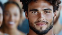 Young Latino man with curly dark hair and trimmed beard smiling confidently at camera, showing genuine warmth and approachability against blurred background.