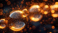 Glowing transparent bubbles float in dark space surrounded by magical golden bokeh particles and light effects creating dreamy atmospheric background.