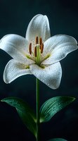 White lily flower with water drops on petals against dark background, macro photography showing delicate details and morning dew on fresh bloom.