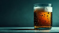 Fresh cold beer glass with foam and condensation droplets on dark teal background for beverage advertising and restaurant marketing materials.
