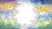 Fantasy landscape frame with magical castles and mystical elements creating decorative border for text or design projects on white background.