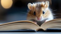 Curious golden hamster reading open book with tiny paws, close-up portrait against blurred background showing adorable pet behavior and intelligence.