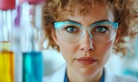 Young female scientist with curly hair and blue glasses in laboratory looking at camera with confident expression near colorful liquid samples in test tubes.