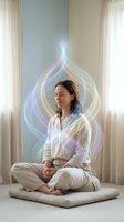 Young woman meditating in lotus position with colorful energy aura emanating from her body in peaceful home setting for wellness and spiritual practices.