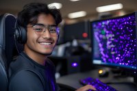 Young Asian male gamer wearing glasses and headphones smiles while playing at gaming setup with purple LED keyboard and monitor displaying vibrant graphics.