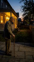Senior Caucasian man with walking cane strolling through cozy residential neighborhood at twilight with warm porch lights and autumn leaves on sidewalk.