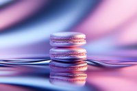 Pink macarons stacked on reflective surface with dreamy purple and blue bokeh background creating soft romantic mood for food photography and dessert menus.