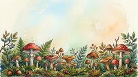 Watercolor forest floor scene with red and golden mushrooms, ferns, and woodland plants in soft pastel tones. Suitable for nature illustrations, children's books, and botanical designs.