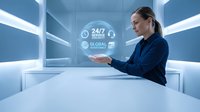 Professional businesswoman using holographic interface technology in modern futuristic office environment with digital customer service icons.