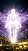 Glowing ethereal figure ascending in cosmic space with radiating light, purple nebula and golden particles creating mystical spiritual atmosphere for meditation concepts.