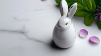 White ceramic bunny figurine on marble surface with green leaves and purple flower petals creating minimal spring or Easter composition against light background.