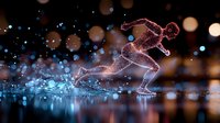 Glowing wireframe runner silhouette sprinting through water with splashes against dark background with bokeh lights creating dynamic sports motion effect.