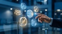 Businessman hand touching digital network icons including globe, people, and currency symbols in modern office environment for global communication and business connectivity.
