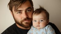 Young bearded Caucasian father holding adorable baby in blue sleepwear against neutral background, intimate family portrait showing tender parental bond and connection.