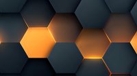 Glowing orange light between dark gray hexagonal tiles creates futuristic technological pattern with dramatic contrast and depth effect. Modern abstract background.