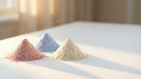 Three colorful clay powder piles in pink blue and beige arranged on white marble surface with warm sunlight and floating dust particles for spa wellness.