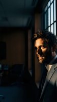 Confident mature businessman with beard in elegant suit standing by office window with warm natural lighting creating dramatic shadows and professional atmosphere.