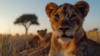 Young lioness in golden sunset light gazes into distance while another lion watches from behind, African savanna landscape with acacia tree silhouette in warm evening glow.
