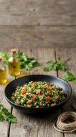 Fresh tabbouleh salad with parsley, tomatoes and bulgur wheat in black bowl on rustic wooden table with olive oil and herbs for healthy Mediterranean cuisine.
