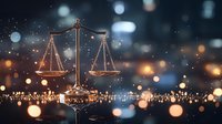 Illuminated scales of justice with golden bokeh lights on dark background, symbolizing law, justice and legal proceedings in modern urban setting.