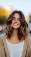 Young woman with wavy brown hair smiling outdoors in beige cardigan and white top with warm bokeh lights and rainbow in background for lifestyle content.