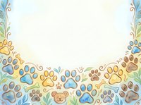 Colorful paw prints and decorative foliage border frame isolated on white background, ready for pet-related designs, greeting cards, and animal-themed projects.