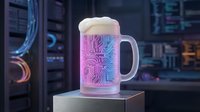 Frosted glass beer mug with glowing pink and blue circuit board pattern in futuristic server room setting for tech-themed designs and digital concepts.