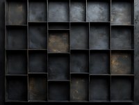 Dark metal grid compartments with weathered industrial texture and rusty patina create dramatic shadow play in geometric pattern. Grungy storage display background.