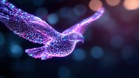 Glowing digital bird silhouette with purple and blue neon wireframe effect flying against dark background with bokeh lights, modern technology concept.