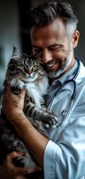 Caucasian male veterinarian with gray hair and beard holding fluffy Maine Coon cat, showing genuine care and affection while wearing white coat and stethoscope.