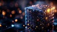 Futuristic glowing cube with network connections and light particles on dark background for technology and digital innovation concepts.