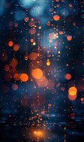 Glowing orange bokeh lights against dark blue background with rain drops on glass creating magical atmospheric effect for mood and ambiance designs.