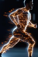 Glowing orange light trails form silhouette of athletic male runner in motion, with dynamic energy streams and particles creating futuristic effect on dark background.