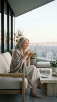 Senior woman enjoying morning coffee on modern apartment balcony with city skyline view. Peaceful retirement lifestyle and luxury urban living concept.