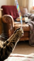 Tabby cat reaching up to grab colorful ribbon toy in cozy living room with leather furniture and blankets, playful pet interaction and indoor entertainment.