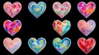 Colorful heart shapes with watercolor, gradient, and floral patterns isolated on transparent background. Ready for t-shirt designs, stickers, clipart, sublimation, print-on-demand products and digital crafts.