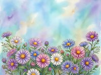 Watercolor wildflowers meadow with purple, pink and white asters on soft pastel sky background, copy space for text.